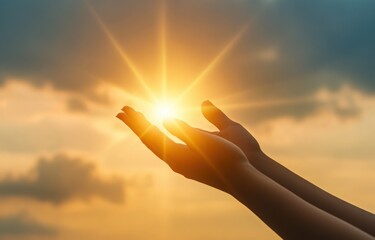 Woman hands holding the sun at dawn. Freedom and spirituality concept.