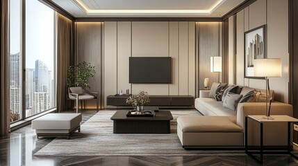 Modern living room with a large window overlooking a city skyline.  The room features a large sectional sofa, a coffee table, a TV, a floor lamp, and a plant. 