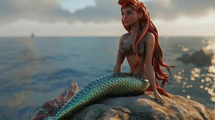 A beautiful mermaid with long red hair sits on a rock overlooking the ocean.