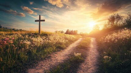 cross crucifixion of the crucifixion of jesus christ on a mountain with a sunset background