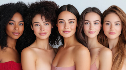 Obraz premium Close-up of a diverse group of women from different racial backgrounds, each with unique facial features.