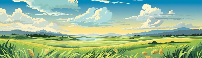 Fototapeta premium A windswept prairie with tall grasses and a distant thunderstorm, a sense of openness in this natural background illustration