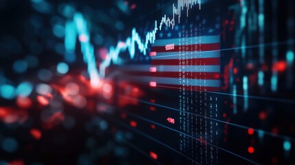 Abstract virtual stats data hologram on USA flag and sunset sky background. Multiexposur