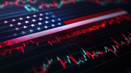 Abstract virtual stats data hologram on USA flag and sunset sky background. Multiexposur