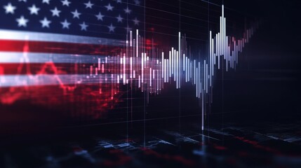 Abstract virtual stats data hologram on USA flag and sunset sky background. Multiexposur