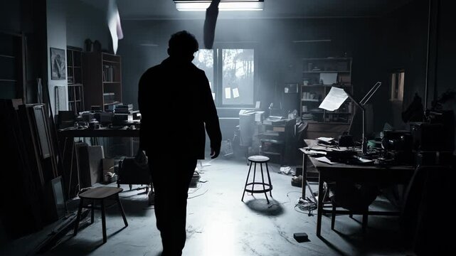 Dimly lit interior with scattered furniture and floating objects. Silhouette of person standing amidst eerie atmosphere. Dark shadows and muted tones create sense of mystery and unease. 
