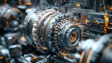 Fototapeta premium Intricate gears and machinery elements are featured, highlighting the complexity of industrial operations in a closeup setting