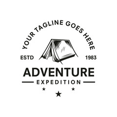 Vintage retro Forest camping logo emblem summer camping vector illustration with tent and pine trees silhouette