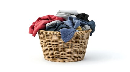 A wicker laundry basket overflowing with a variety of clothes.