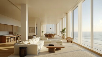 Fototapeta premium Modern living room with large windows offering a stunning ocean view.