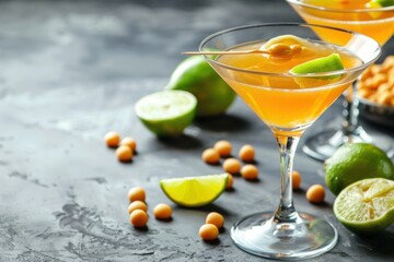 Butterscotch Cosmopolitan with butterscotch and lime, served in a martini glass, sweet treat background, copy space