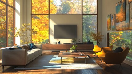 Modern living room with large windows overlooking a fall forest, a comfortable sofa, two armchairs, a coffee table, and a large TV.