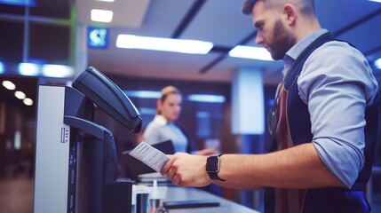 Border control officer scanning passport with electronic reader at airport security checkpoint. Traveler waiting nervously. Modern terminal interior showcases high-tech security procedures and interna