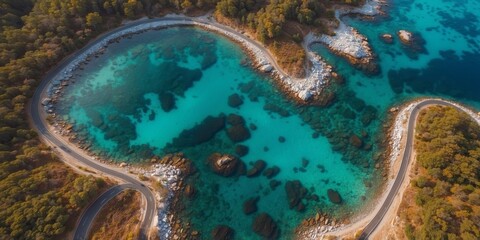 Aerial view of a winding coastal road beside clear turquoise waters.