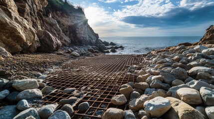 Landslide protection with crushed stone gravel and stone landscape elements in a metal grid for erosion prevention from floodwaters and sea waves Coastline reinforcement