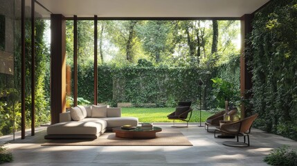 Fototapeta premium Modern living room with large windows overlooking a lush green garden with a white sectional sofa, coffee table, two chairs and a rug.