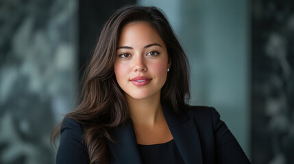 Fototapeta premium The portrait captures a plump woman in a corporate environment, her confident expression showing leadership.