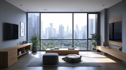Modern living room with large windows overlooking city skyline.