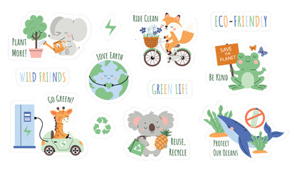 Eco stickers set with cute animals. Eco friendly collection elements with earth, fox, whale, elephant, frog and koala. Illustration Isolated on green background.