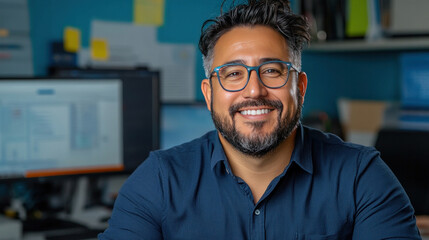Fototapeta premium The portrait features a confident engineer smiling while presenting technical plans in a sleek office environment.