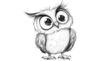 Obraz premium Cute and funny cartoon owl character sketch style black and white hand drawn 2D illustration isolated design