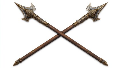 Two crossed halberds with one horizontal elegantly decorated isolated on a white background