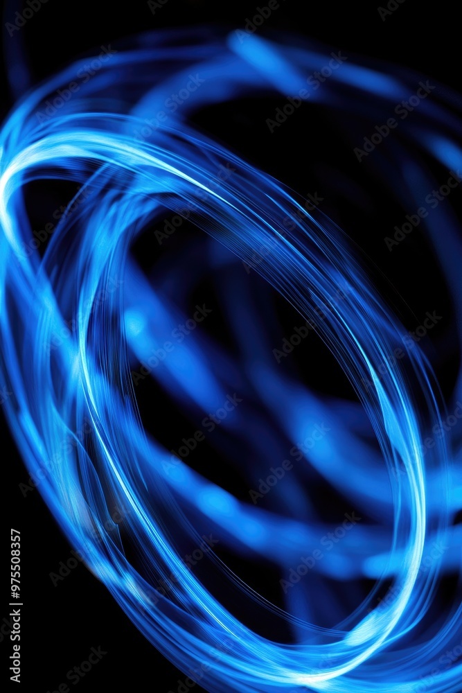 Poster abstract dynamic blue light lines forming wavy circular shapes on a black background representing th