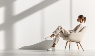 Woman sitting in a white chair in a bright room.