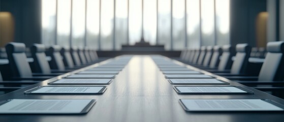 A modern conference room featuring a long table with devices, surrounded by chairs and large windows letting in natural light.