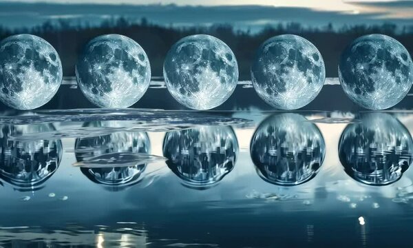 Moon phases reflected in urban river, Video