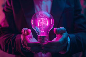Businessman holding neon light bulb, purple lamp in hands, new ideas, great inspiration, energy, innovation