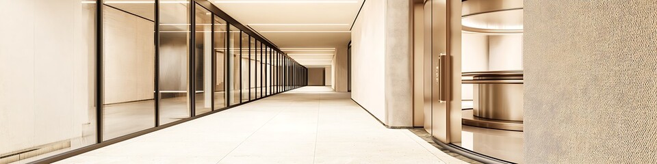 Beige Hallway Cool Elegance with Revolving Doors, Minimalist Low Side Perspective.