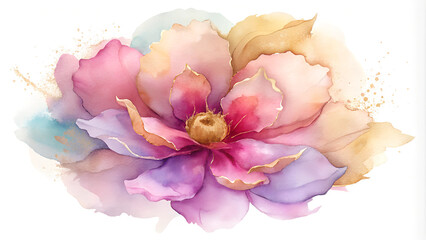 Fototapeta premium Abstract Floral Alcohol Ink Painting in Muted Pastel Colors with Golden Details on White Background