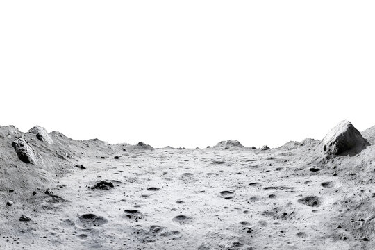 Moon surface isolated on white background. Lunar landscape with deserted landscape and craters formed by meteor impacts