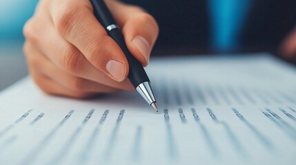 Hand holding a pen over a business plan document, strategic decision-making process.