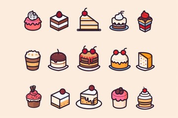 Cakes icon set, desserts, cupcakes symbols, sweets sign, bakery design elements, bakery pastry, biscuits