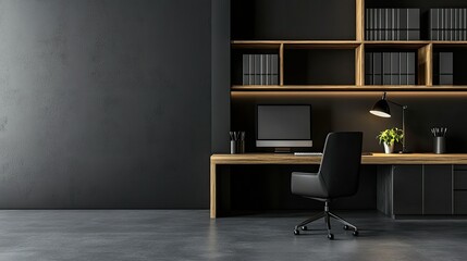 Modern minimalist home office with black walls, wooden desk, and black office chair.