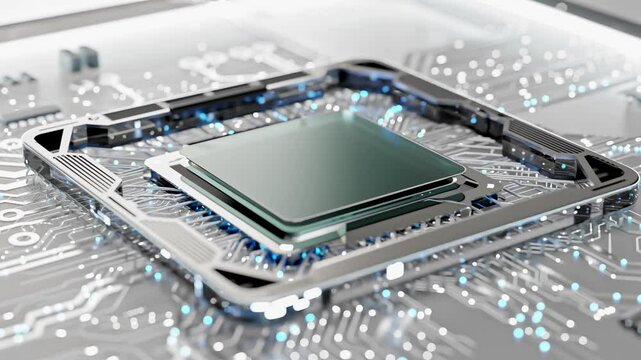 Computer processor of connections and signals. CPU Connection with motherboard background. Pulses and signals from chip propagate through motherboard. Technology concept, 3D Render.
