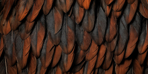 Schichtungen von Federn in dunklen, warmen Tönen, die eine faszinierende Komposition aus Kontrasten und Strukturen bieten und ein harmonisches und natürliches Design erzeugen