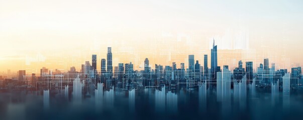Fototapeta premium A futuristic city skyline at dawn, featuring tall buildings and a digital overlay, reflecting innovation and urban development.