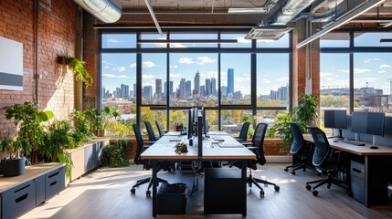 Modern office interior with exposed brick walls, large windows overlooking a city skyline, and wooden floors.