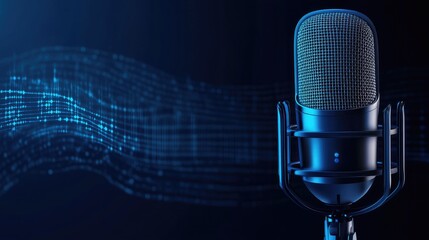 A classic microphone with a blue digital wave background.