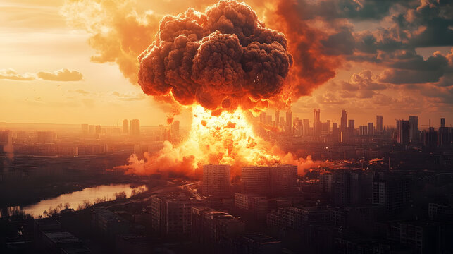 Explosion of nuclear bomb in the city. end of world illustration. Nuclear war threat concept