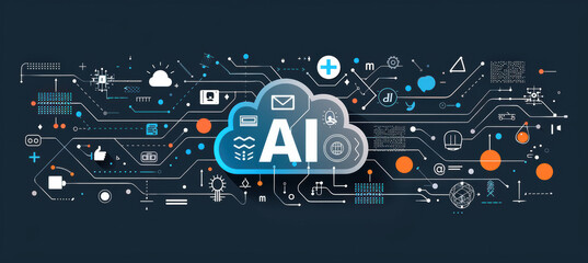 Obraz premium AI and Neural Network Symbols on Dark Blue