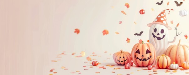 Cute Halloween illustration, ghost and pumpkins on light background with copyspace
