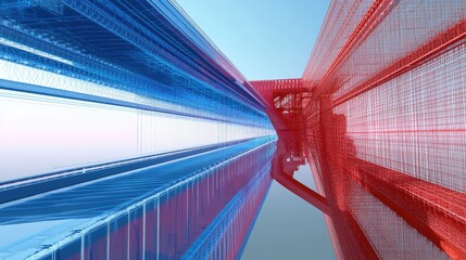 Abstract blue and red wireframe structure with a reflective floor.