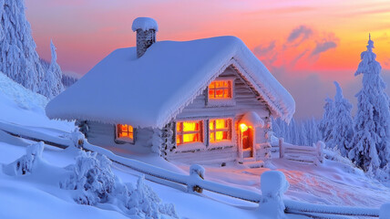 Fototapeta premium Pink sky and cozy cabin in snowy mountains
