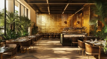 Fototapeta premium Modern restaurant interior with gold accents, large windows, and lush greenery.