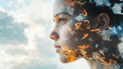 Mind's Fragmented Realm - Close-Up Portrait of Person Amid Shattered Reality Landscape with Floating Thoughts, Double Exposure Concept