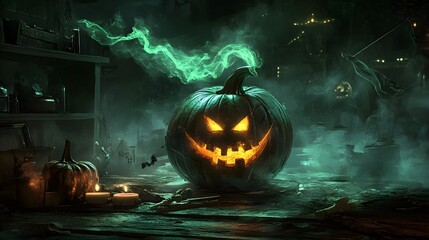 Naklejka premium A magic pumpkin with eerie green flames coming from inside, surrounded by enchanted objects on a cool Halloween night